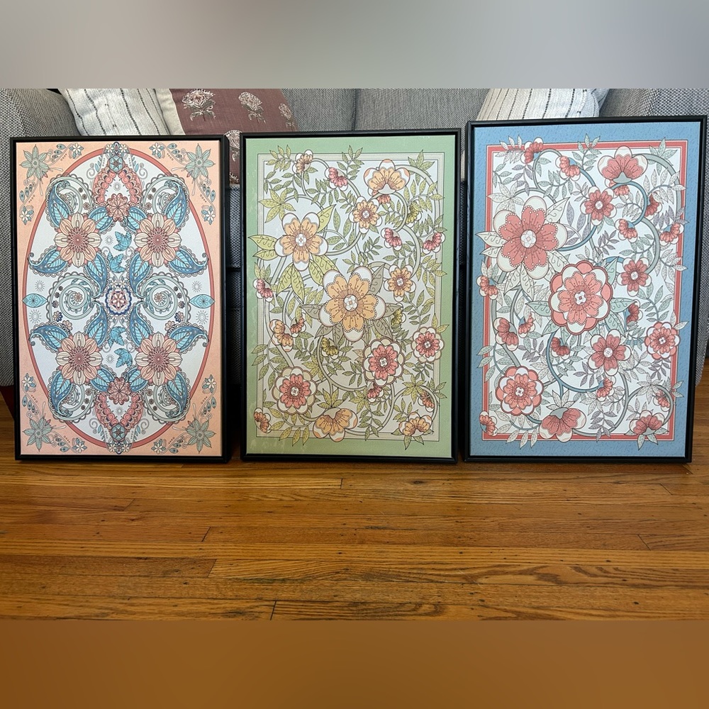 Framed Canvas Print Wall Art Set of 3 Floral Botanical Illustrations Art Vintage